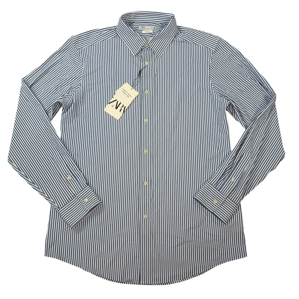 Zara Mens Slim Fit Blue Striped Comfort Stretch Button Down Shirt Size L
